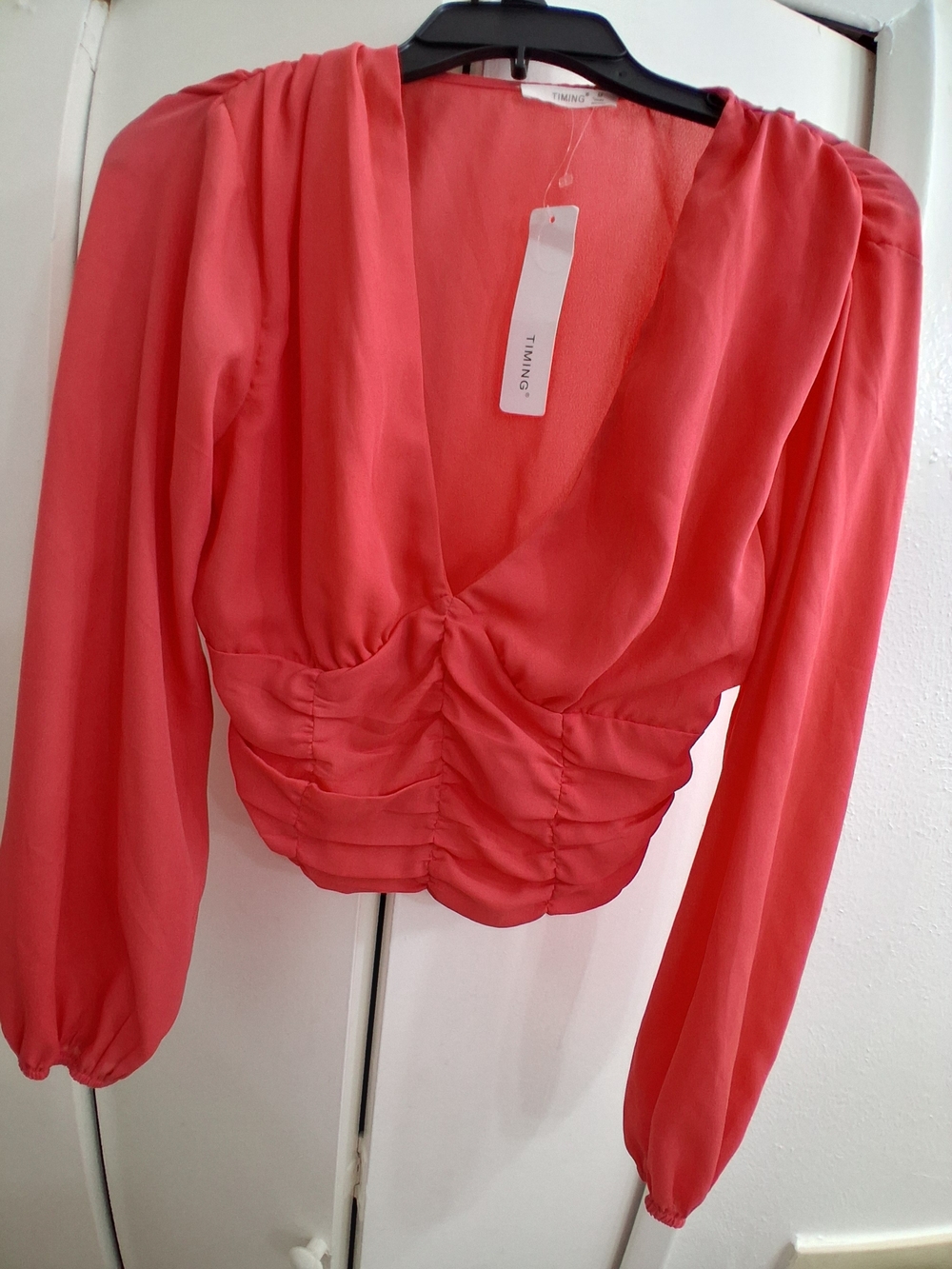 TIMING Coral Ruched V-Neck Long Sleeve Top